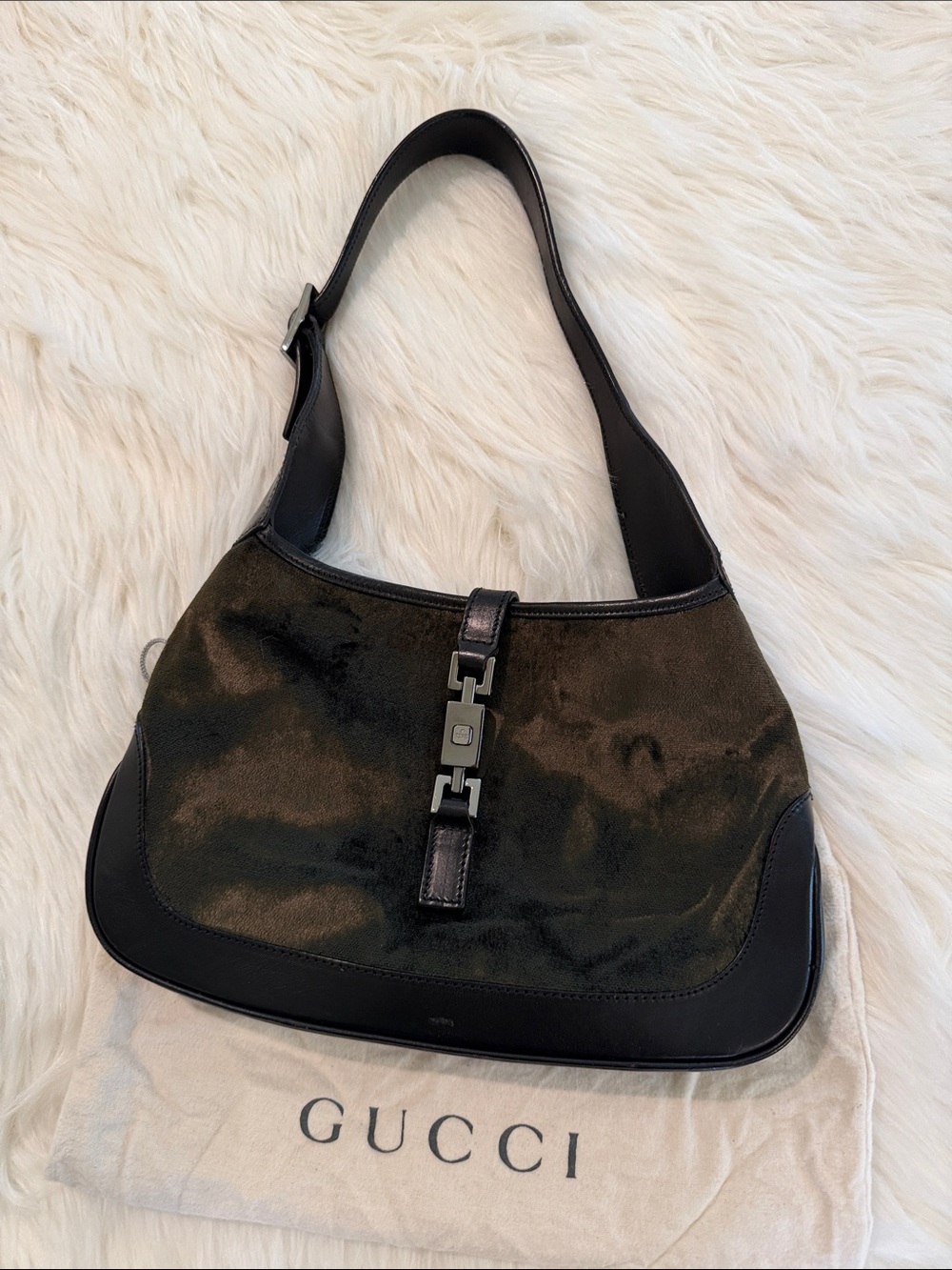 Gucci Black Suede and Leather Shoulder Bag with Signature Hardware